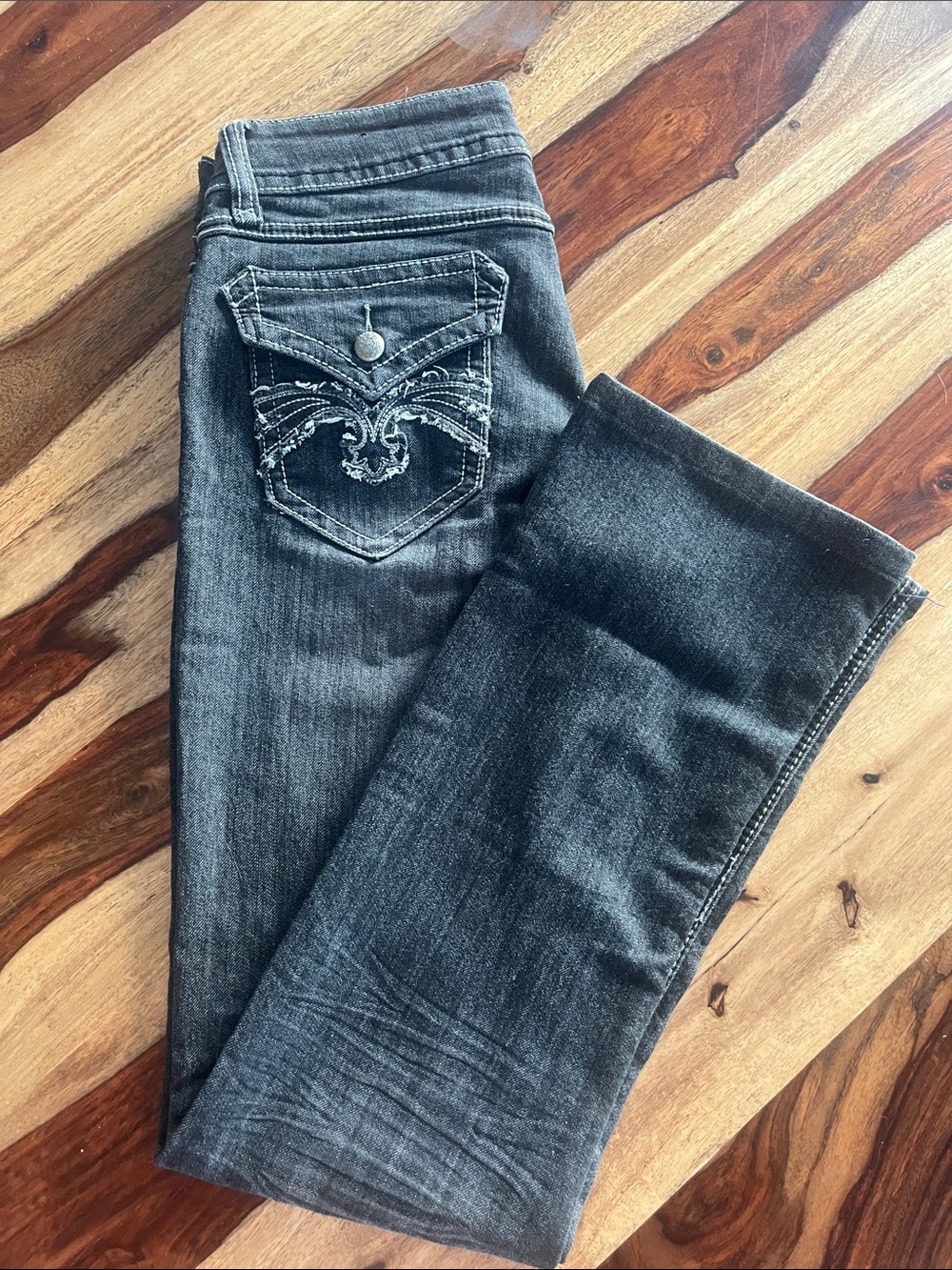 Y2K Western Cowgirl Bootcut Flared Dark Gray Embroidered Pocket Jeans